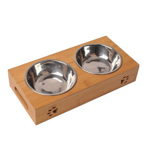 Stainless Steel Bamboo Rack Food Water Bowl